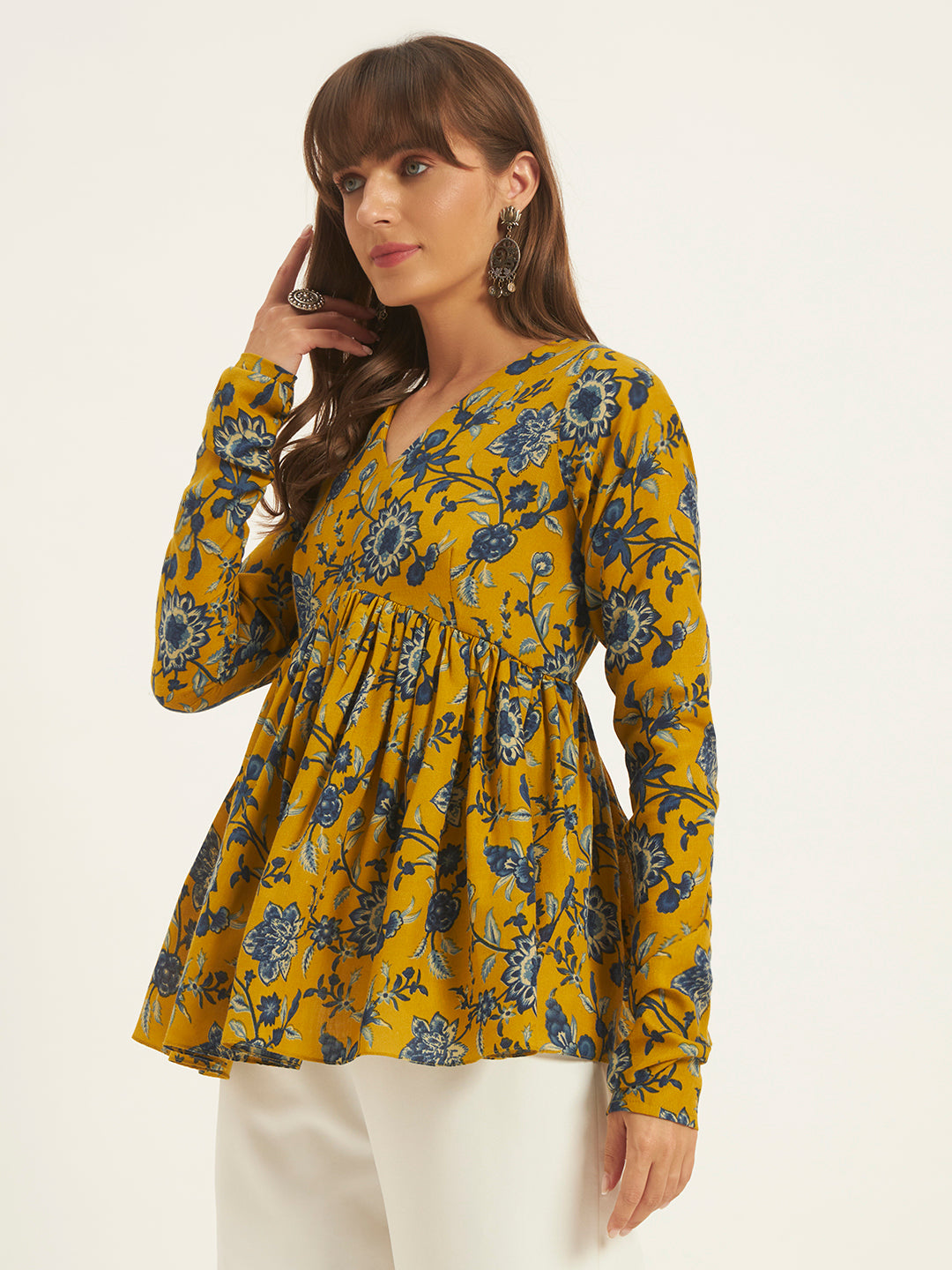 Women Floral Printed Mustard Tunic Top