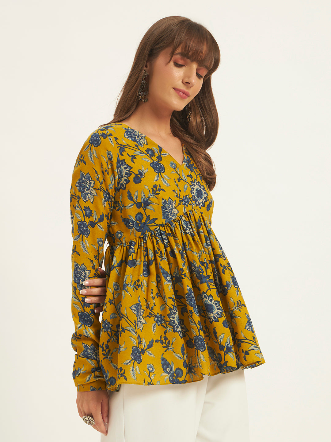 Women Floral Printed Mustard Tunic Top