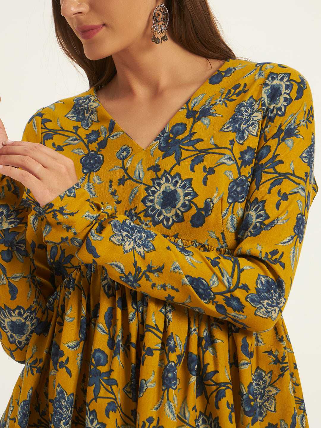 Women Floral Printed Mustard Tunic Top