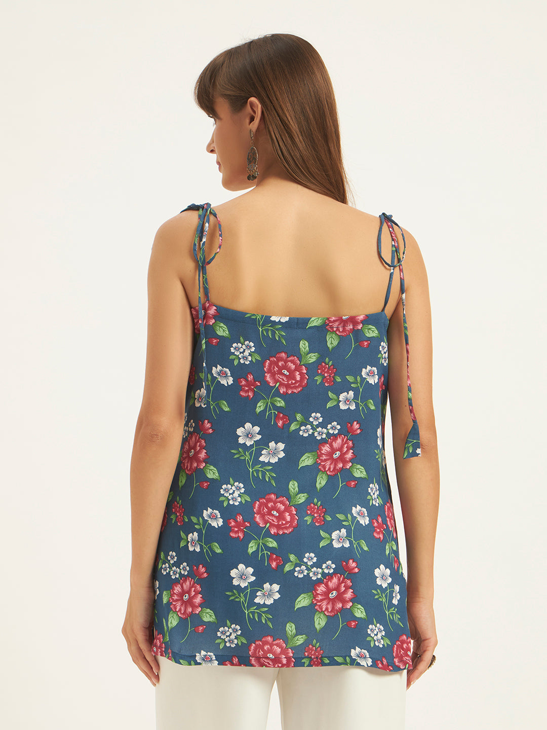 Women Floral Printed Shoulder Knot Tunic
