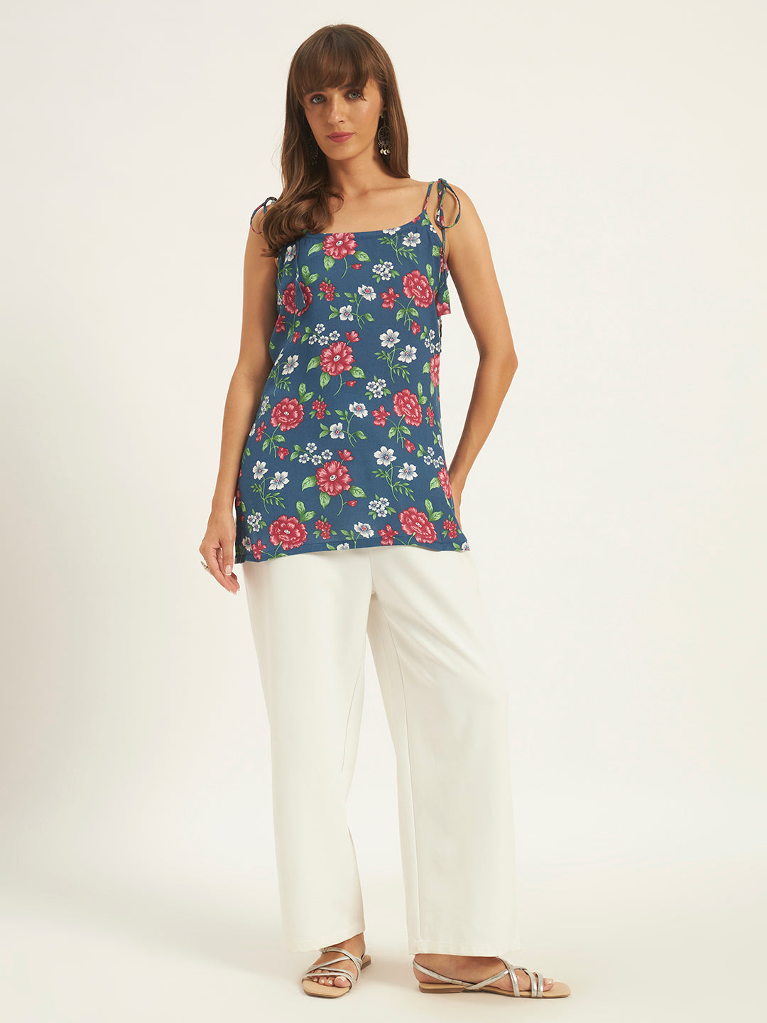 Women Floral Printed Shoulder Knot Tunic