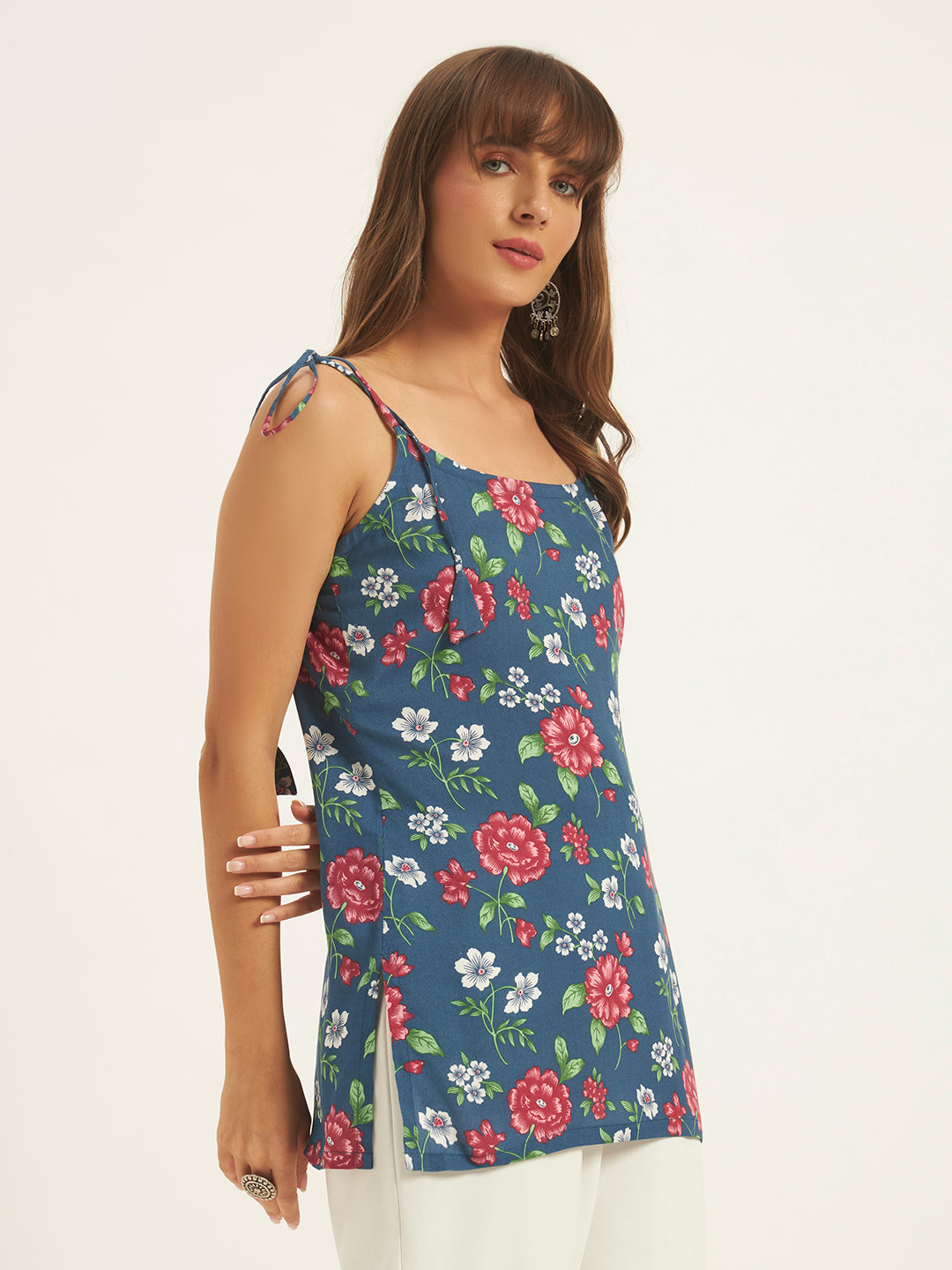 Women Floral Printed Shoulder Knot Tunic