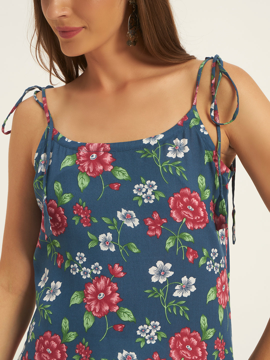 Women Floral Printed Shoulder Knot Tunic