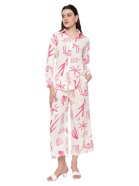 Women White & Pink Printed Shirt Plazzo Co-Ords