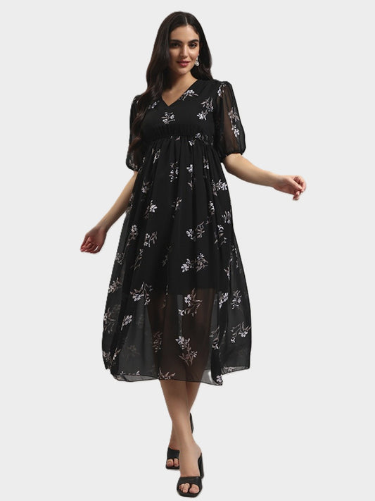 Women Black Georgette Fit &amp; Flared&nbsp; Dress
