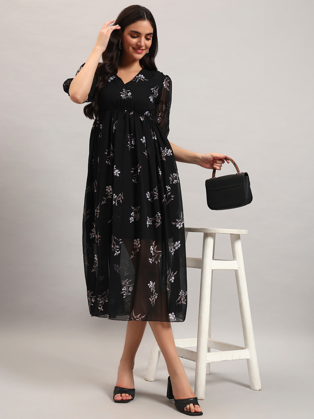 Women Black Georgette Fit &amp; Flared&nbsp; Dress