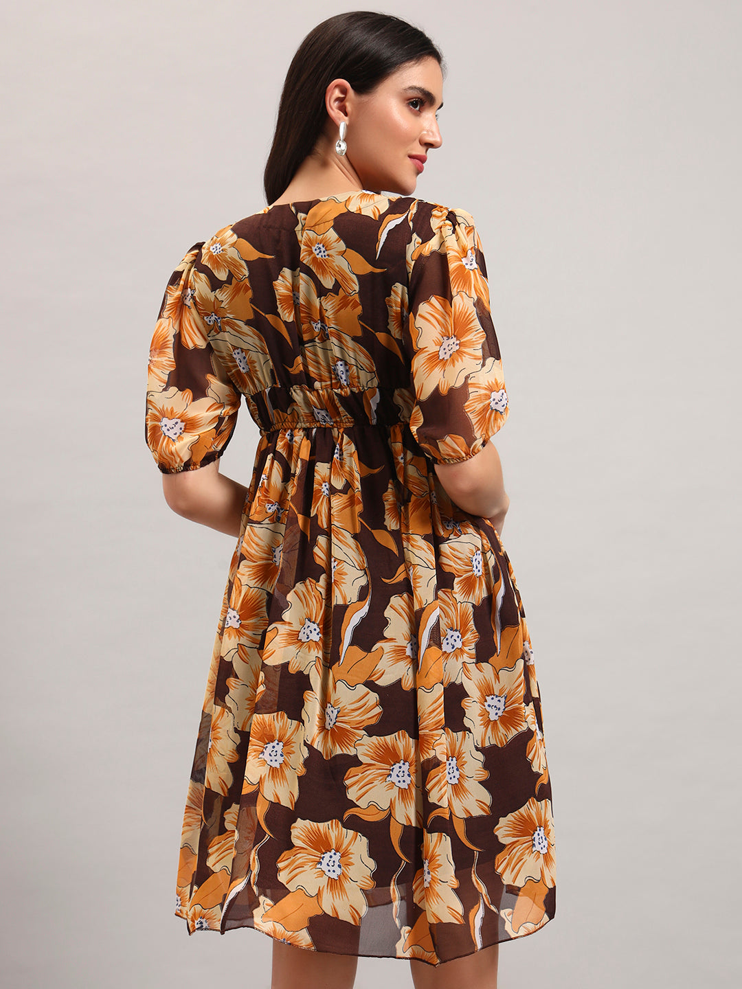 Women Brown Printed Flared Dress