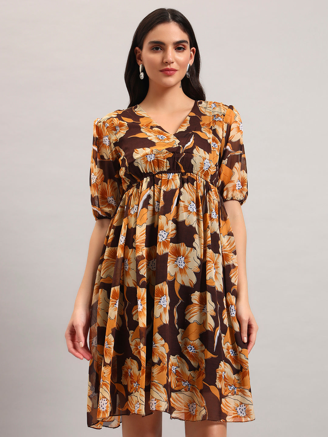 Women Brown Printed Flared Dress