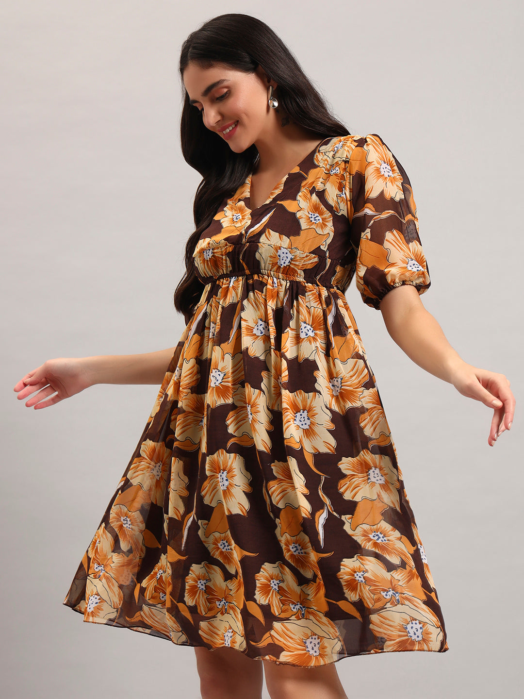Women Brown Printed Flared Dress