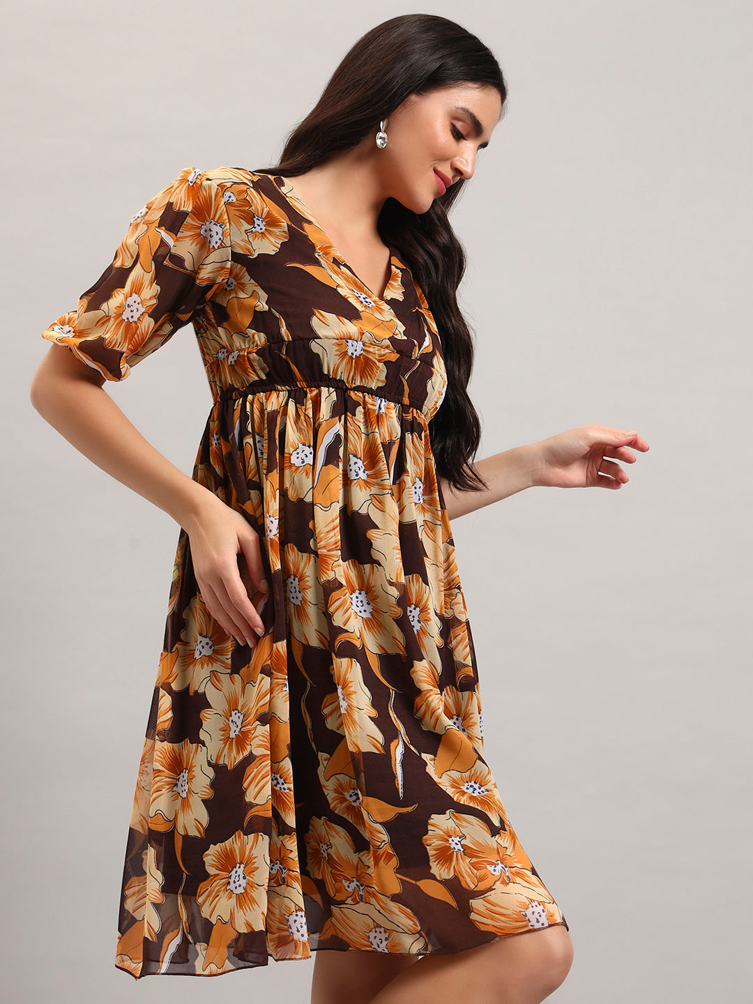 Women Brown Printed Flared Dress