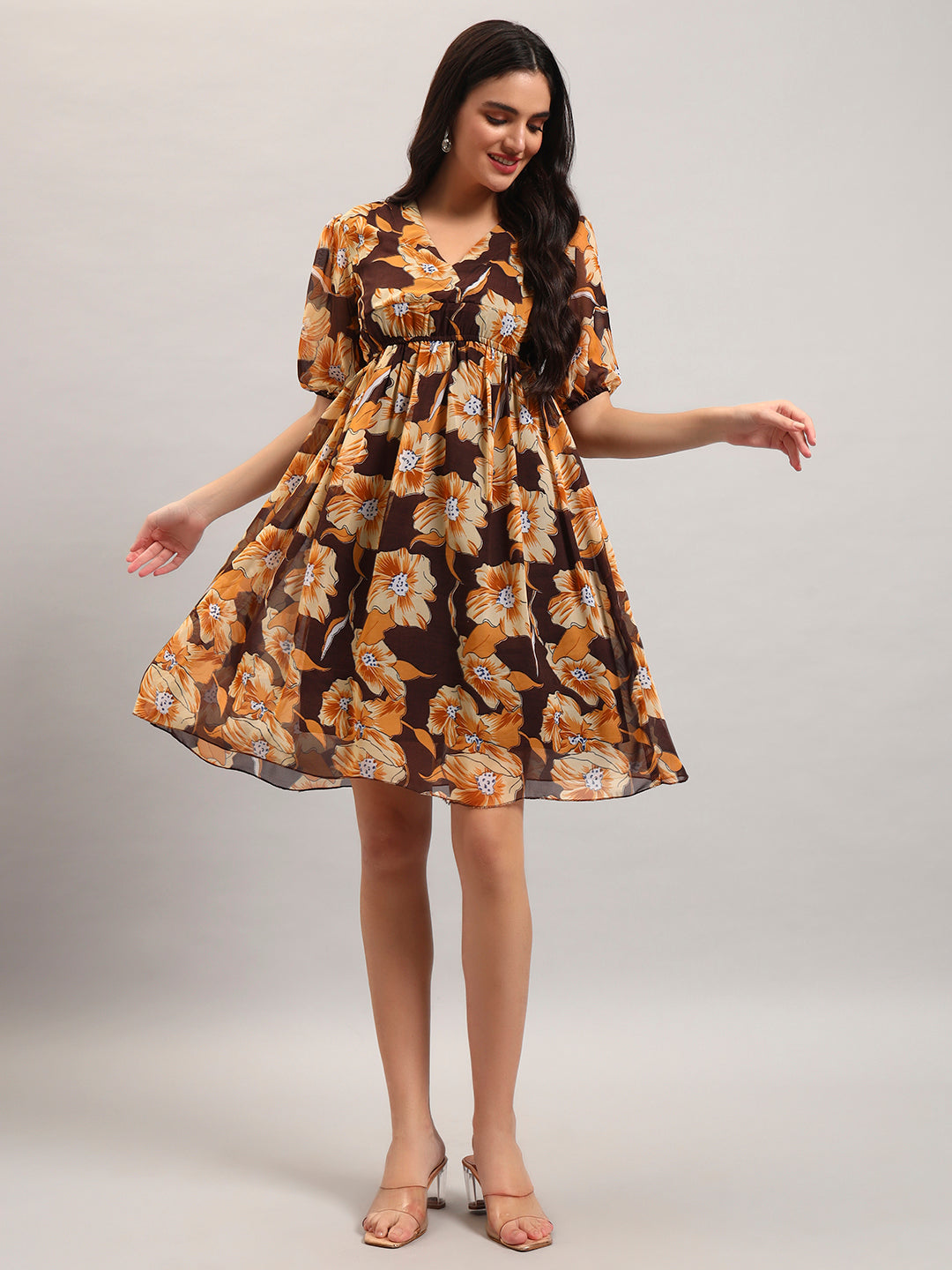 Women Brown Printed Flared Dress