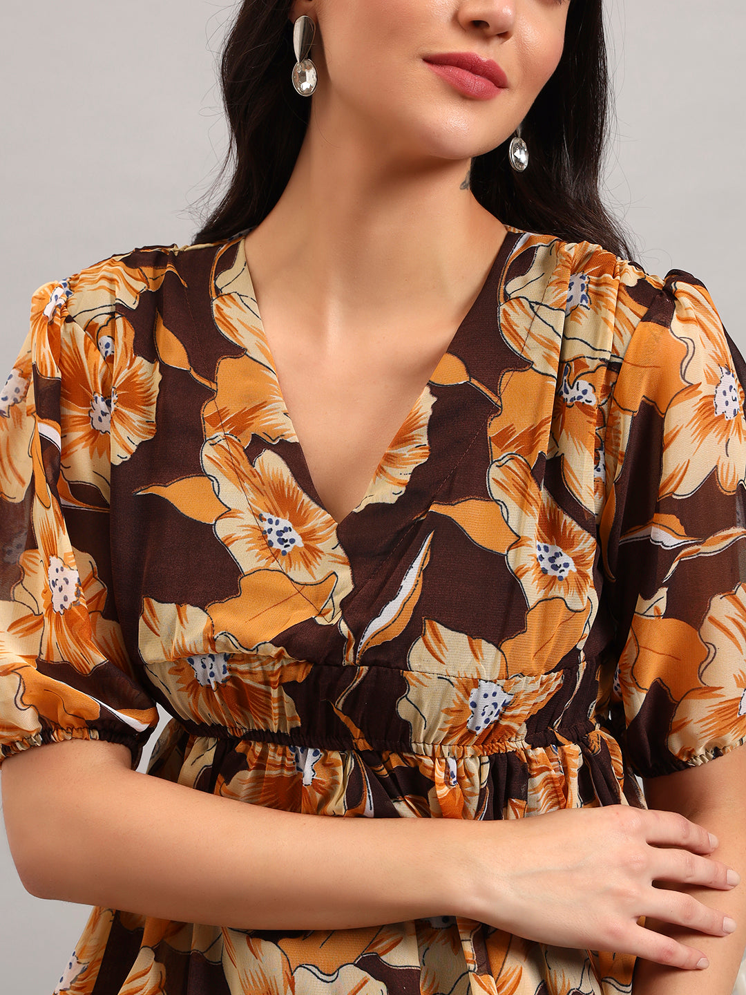 Women Brown Printed Flared Dress