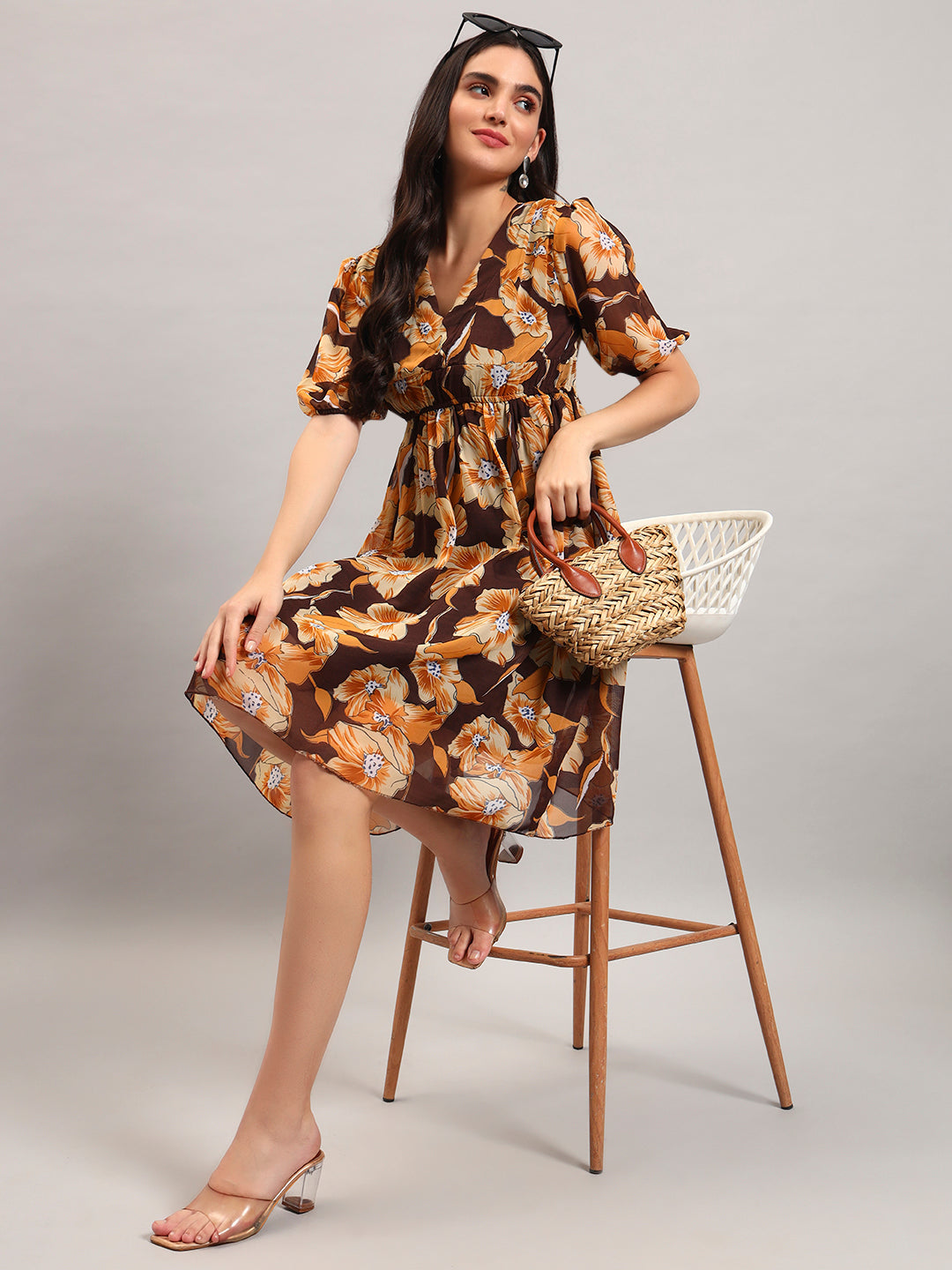 Women Brown Printed Flared Dress
