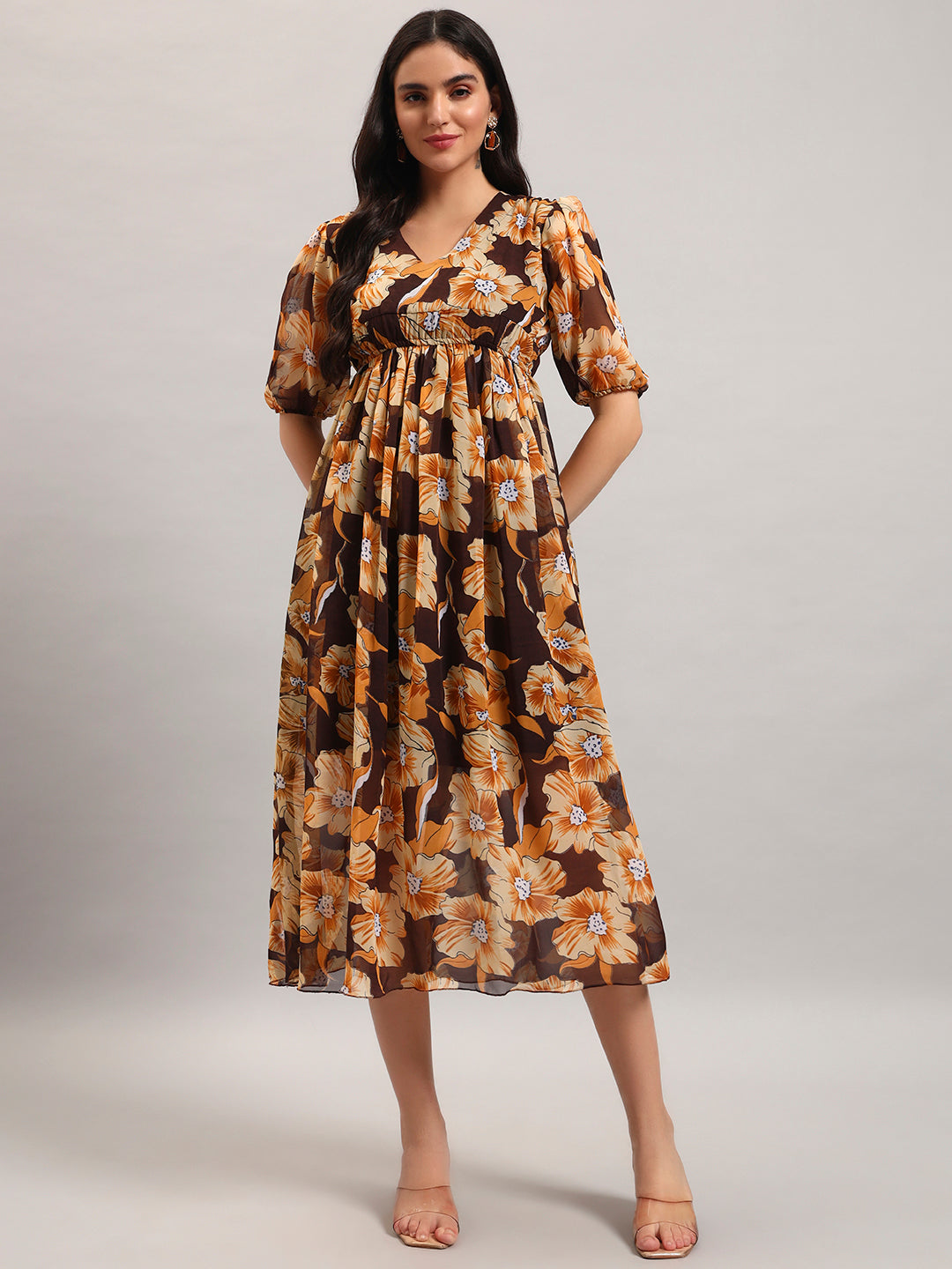 Women Brown Printed Flared Dress