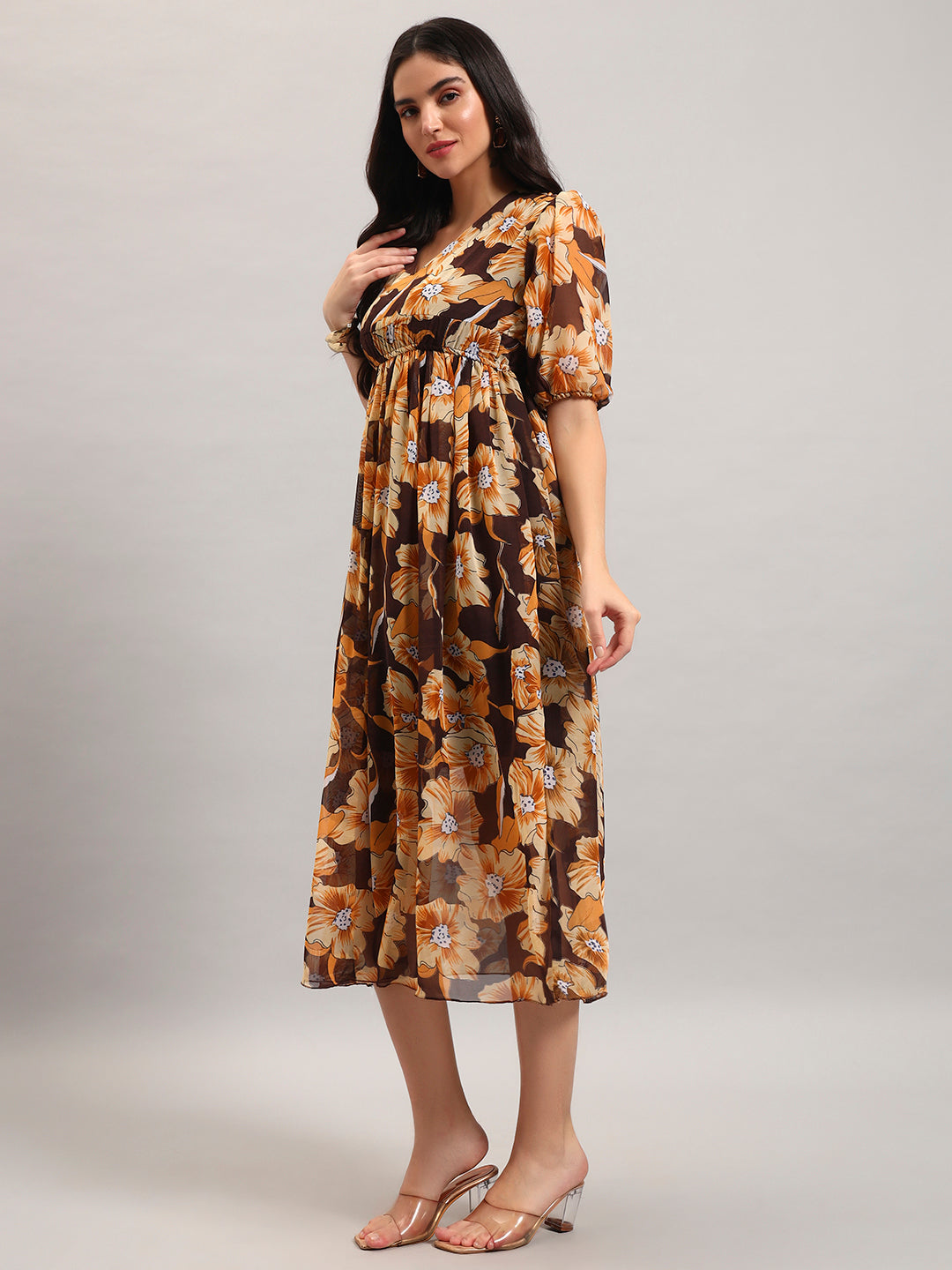 Women Brown Printed Flared Dress