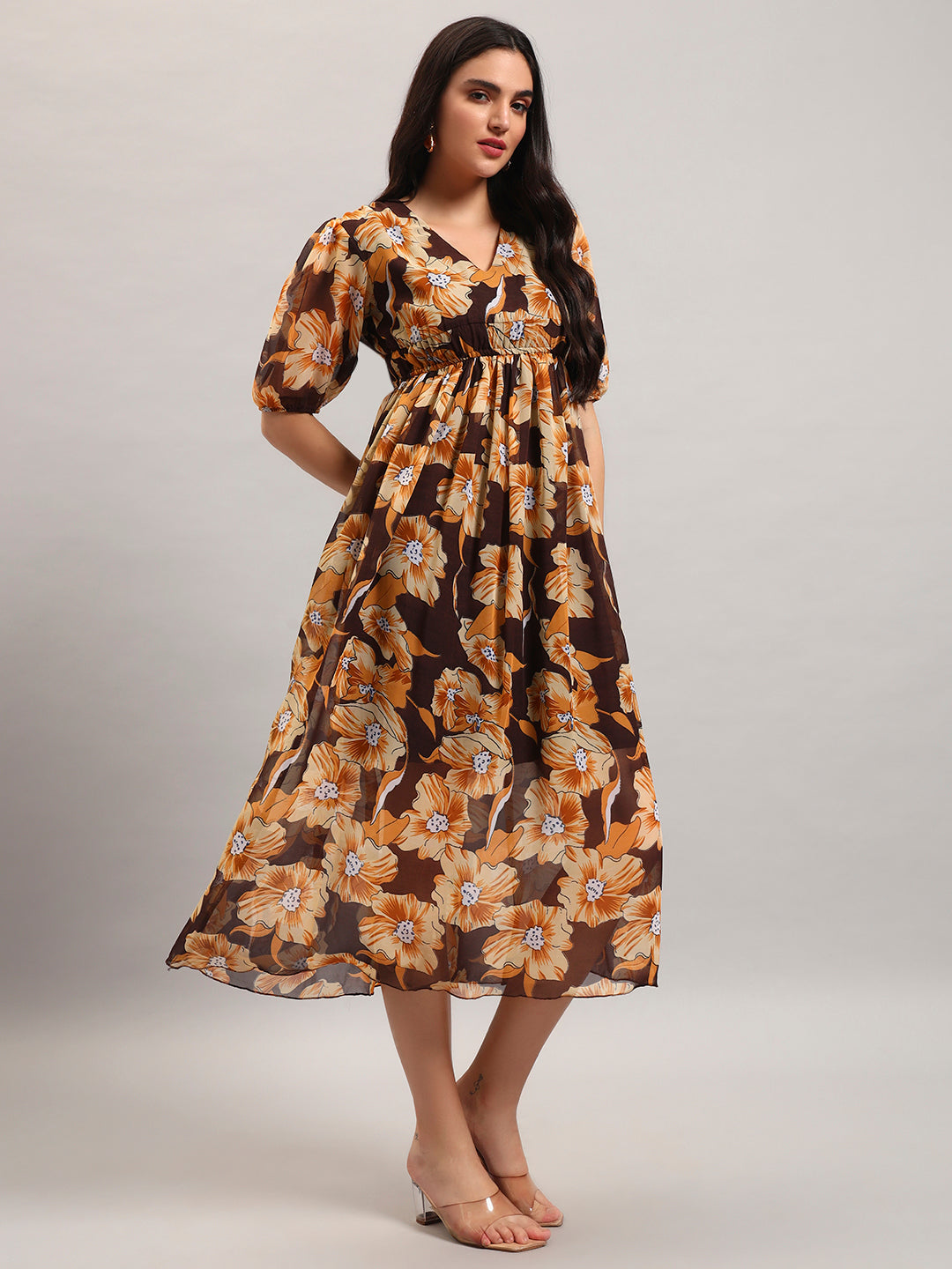 Women Brown Printed Flared Dress