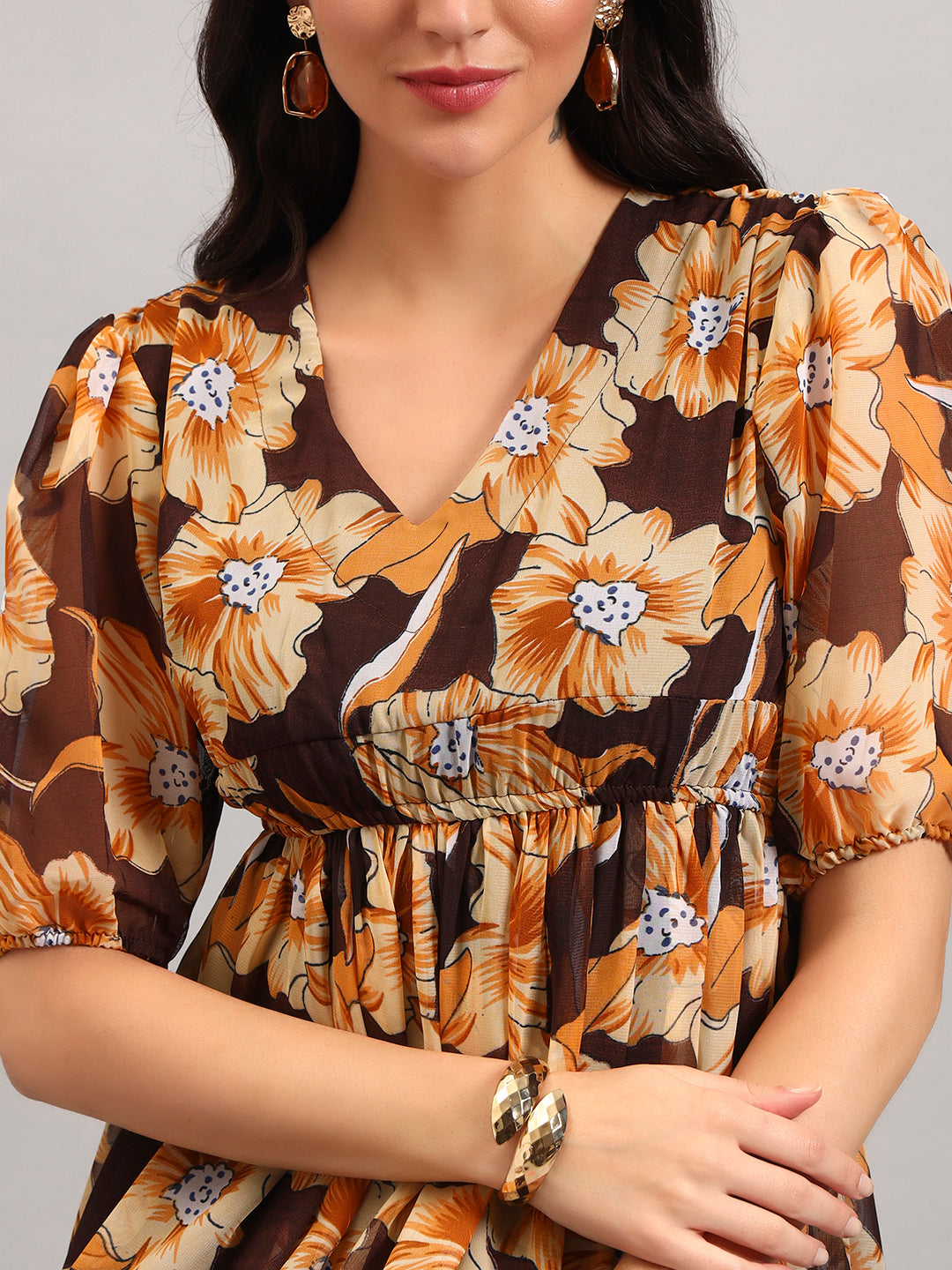 Women Brown Printed Flared Dress