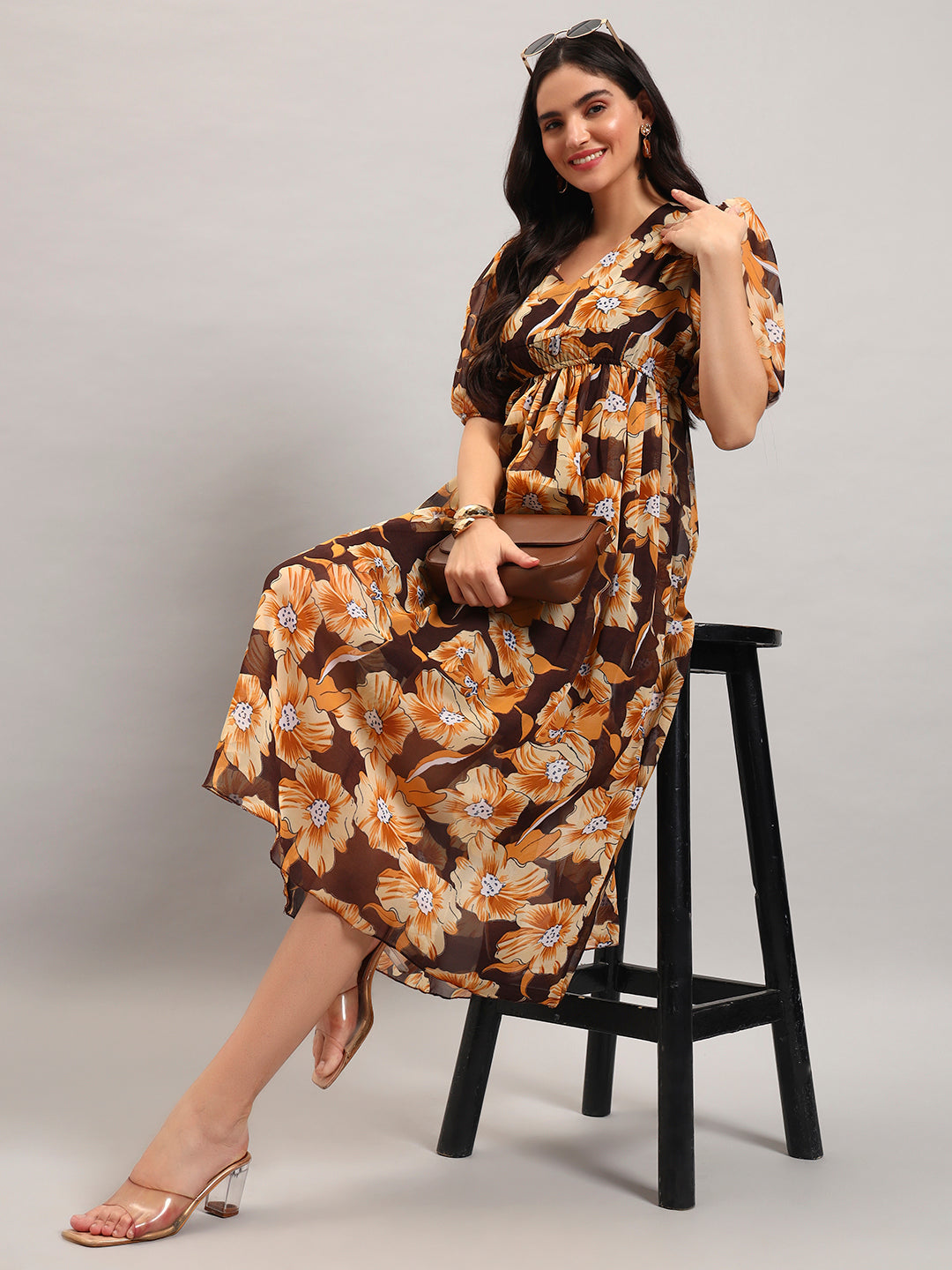 Women Brown Printed Flared Dress