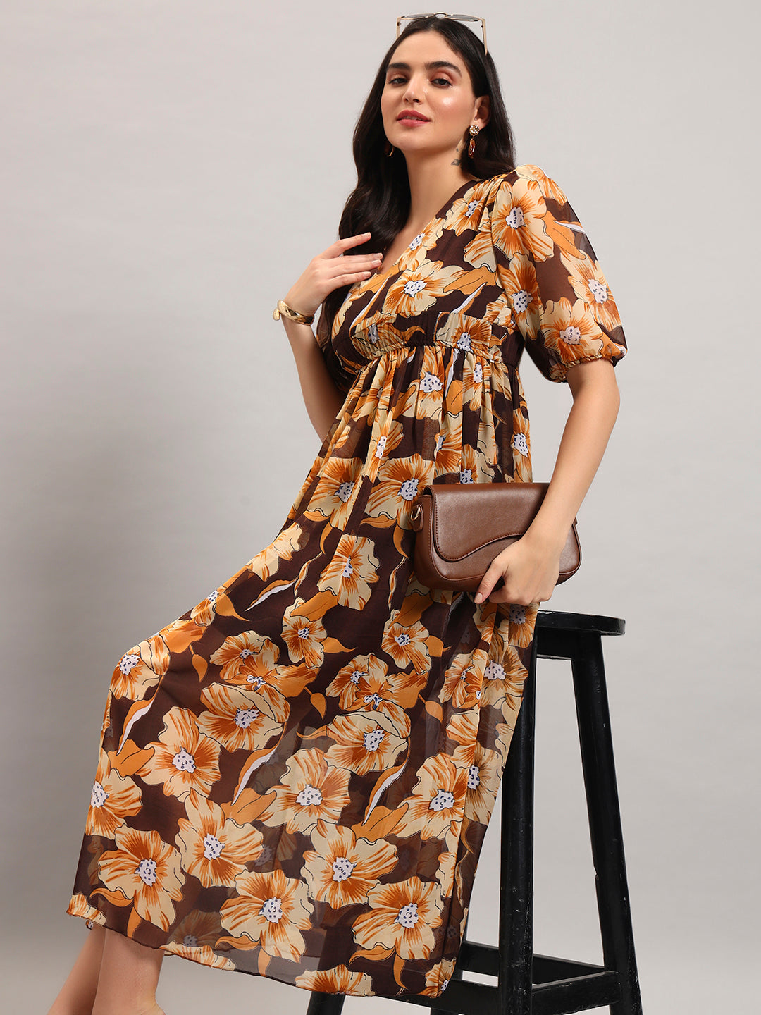 Women Brown Printed Flared Dress