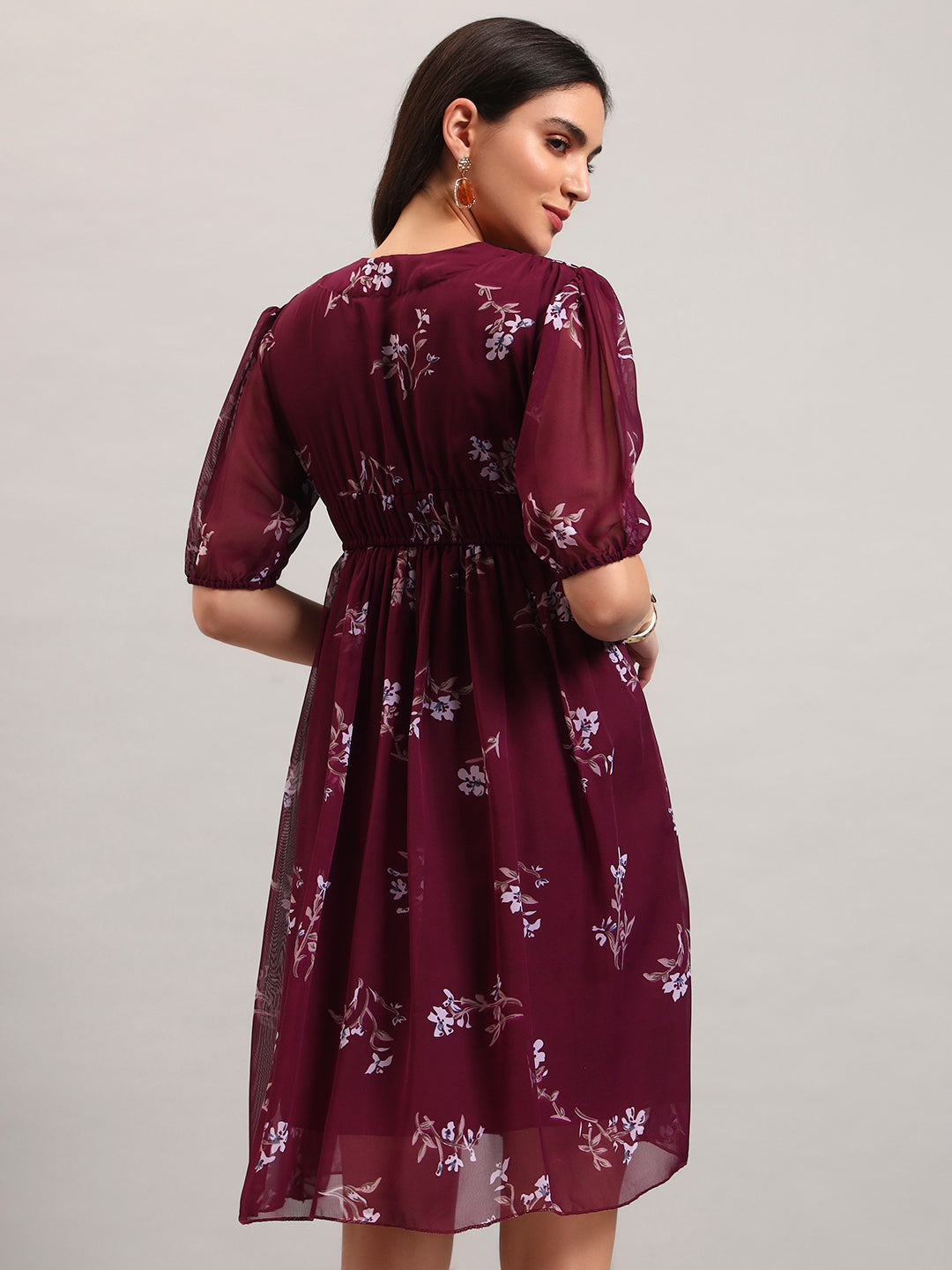 Women Wine Printed Flared Dress