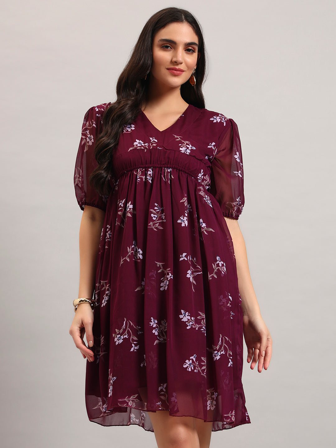 Women Wine Printed Flared Dress