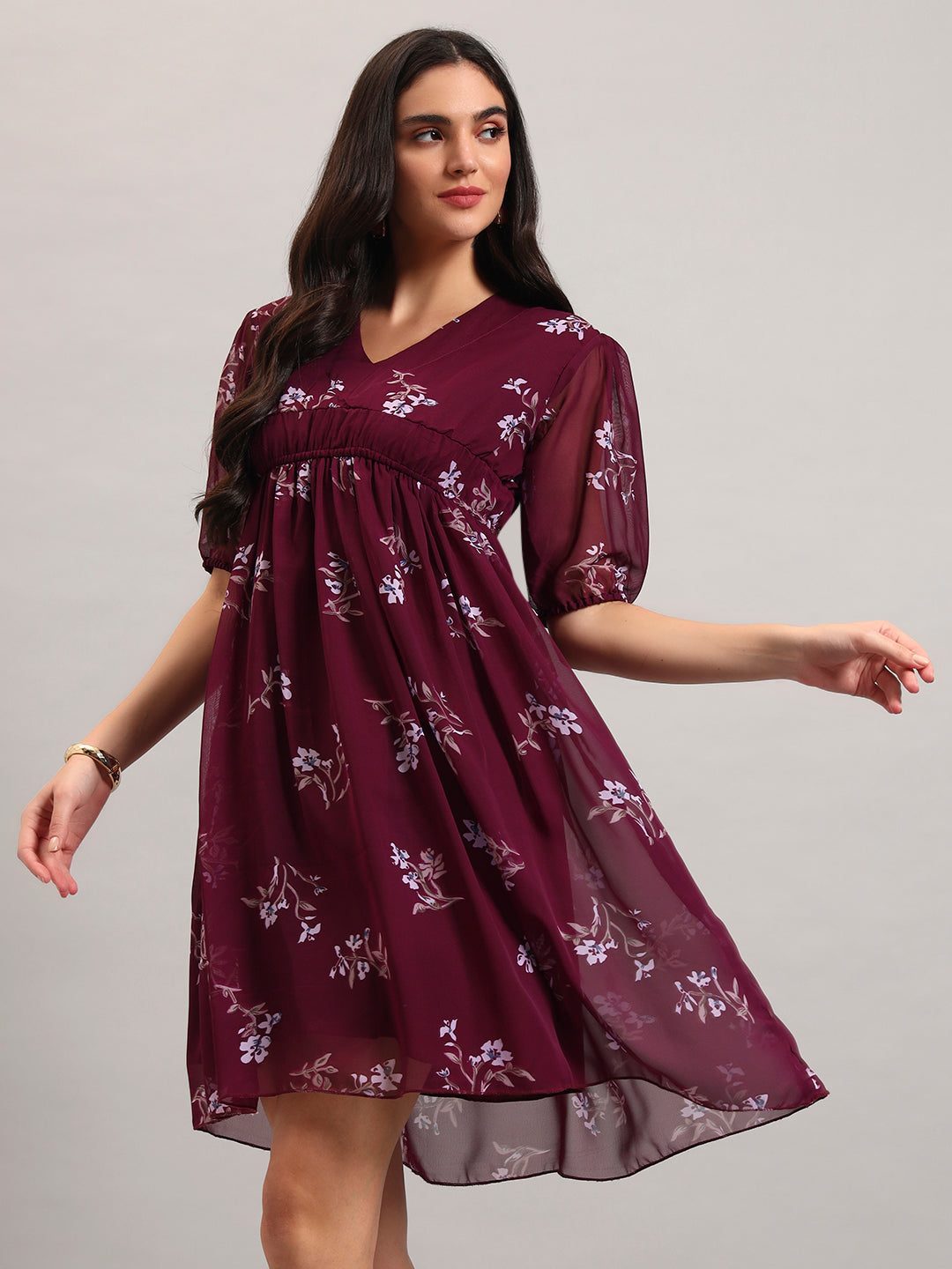 Women Wine Printed Flared Dress