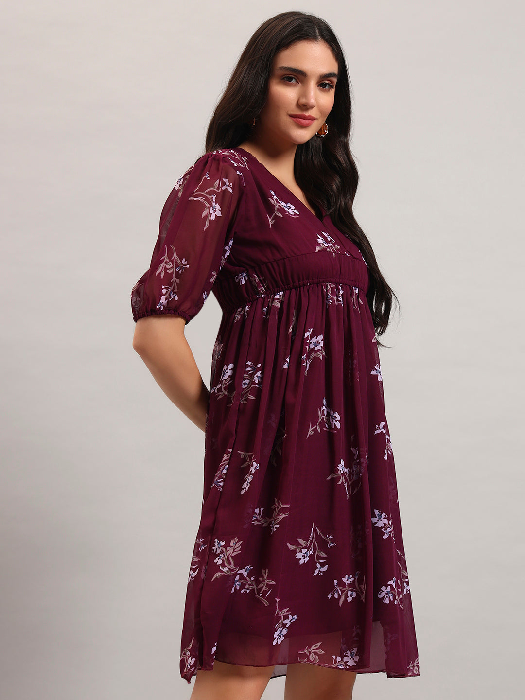 Women Wine Printed Flared Dress