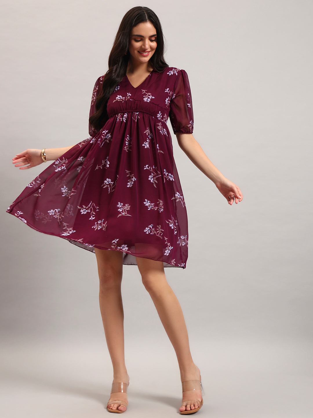 Women Wine Printed Flared Dress