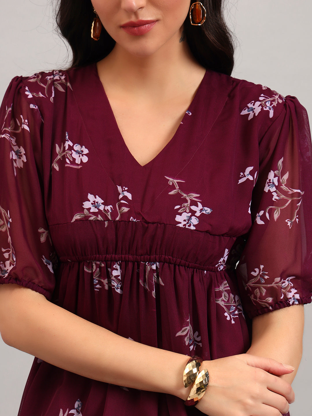 Women Wine Printed Flared Dress