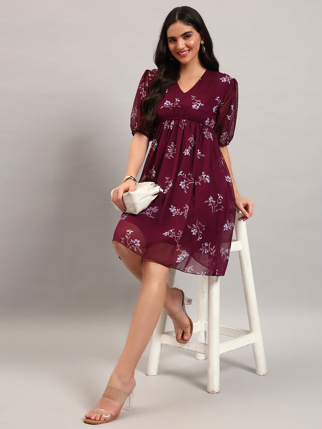 Women Wine Printed Flared Dress