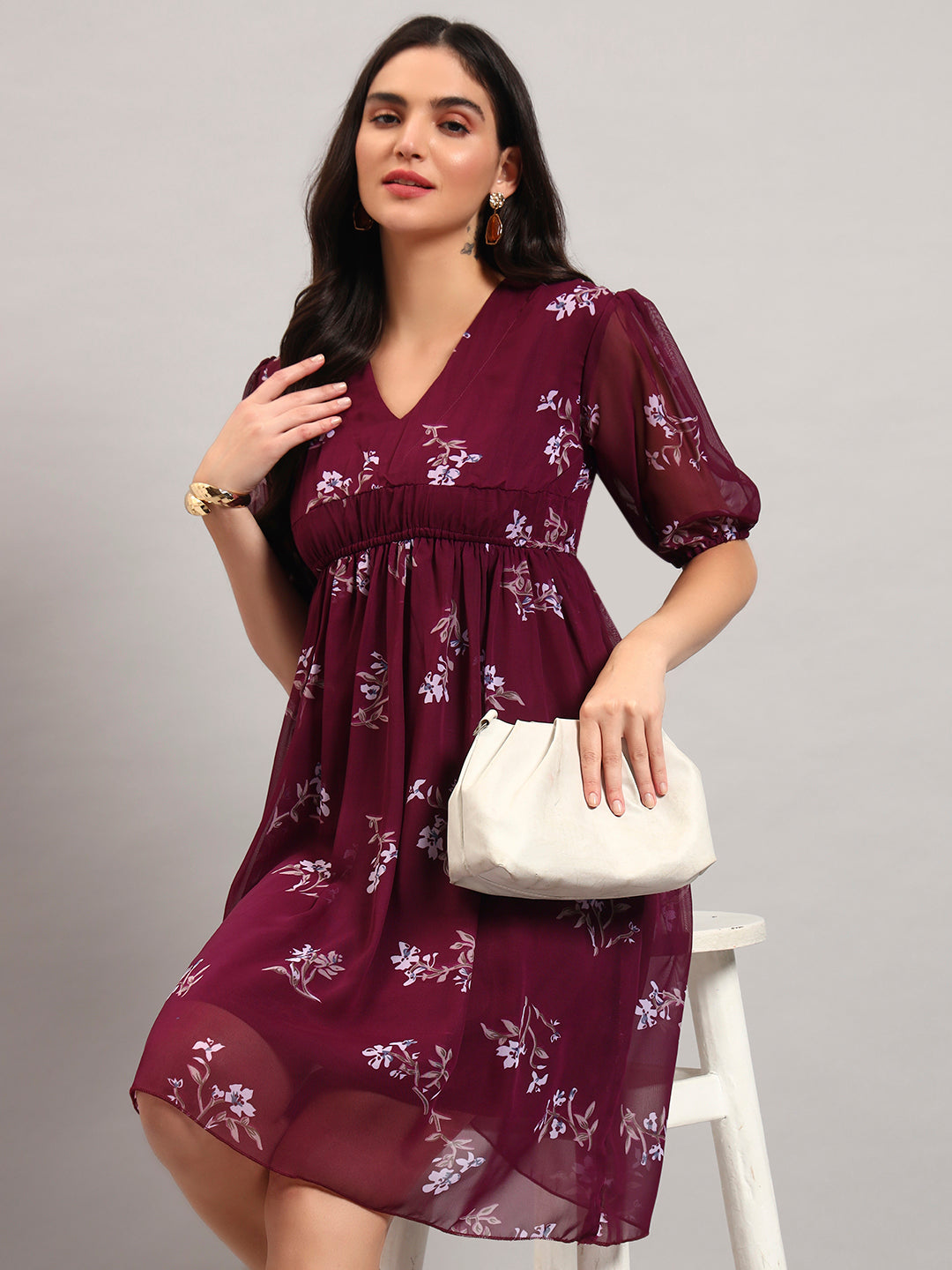 Women Wine Printed Flared Dress