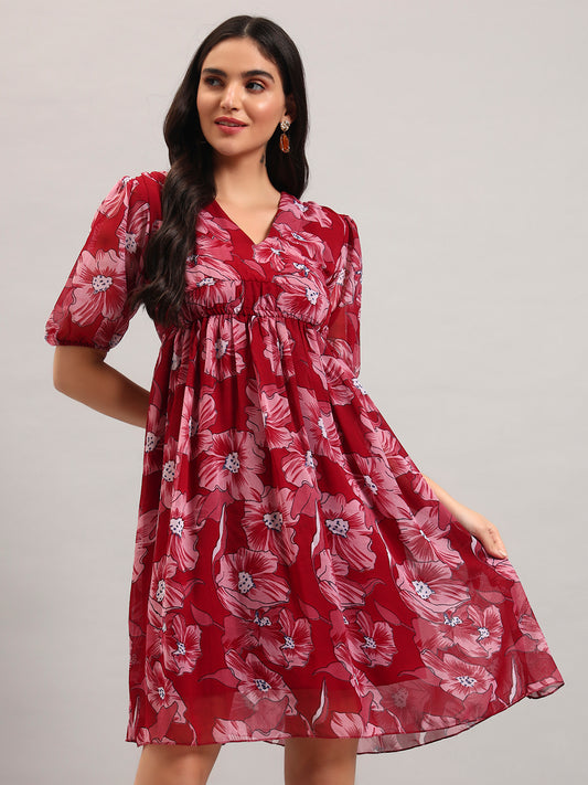 Women Maroon Printed Flared Dress