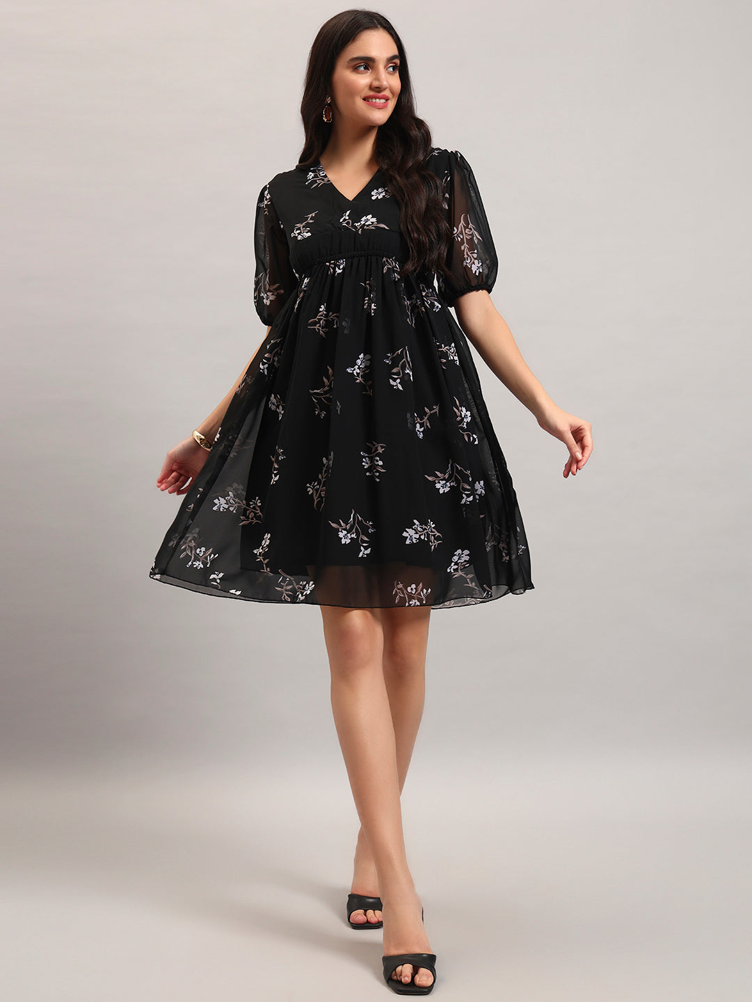 Women Black Printed Flared Dress