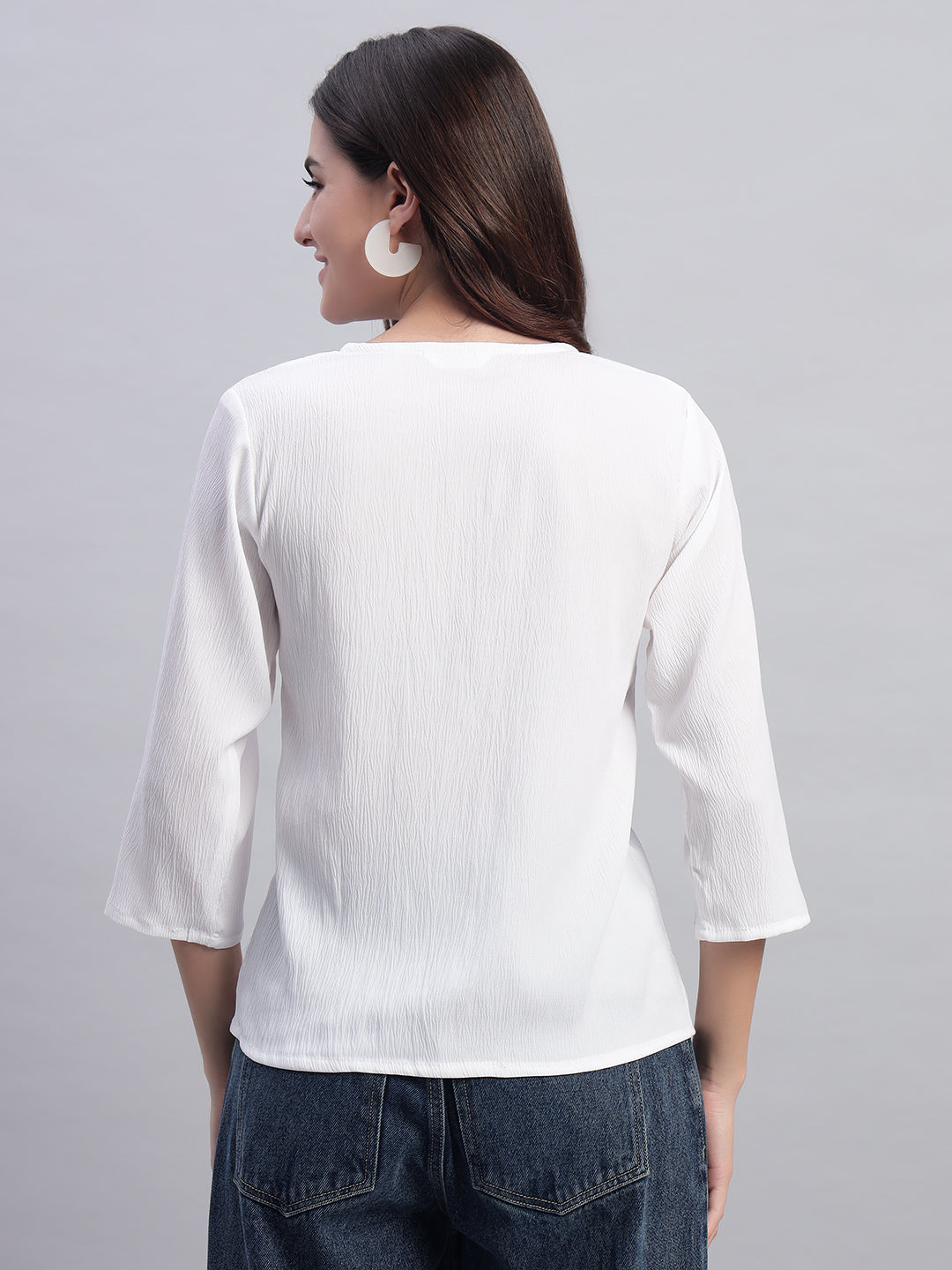 Women White V-neck Straight Sleeve Wrap Top