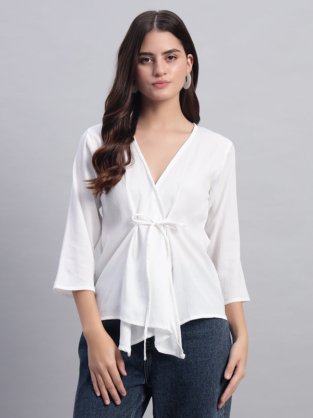 Women White V-neck Straight Sleeve Wrap Top
