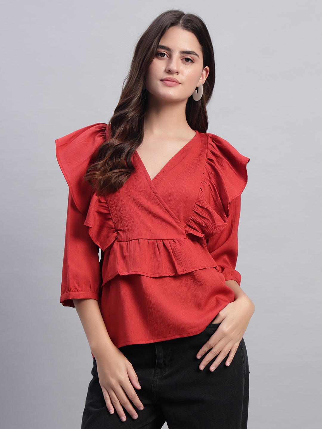 Women V-neck Frill Peplum Top