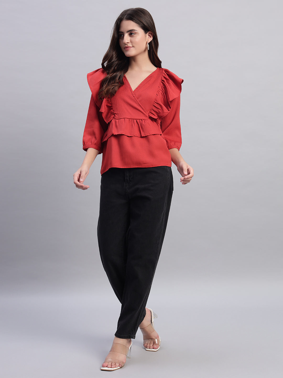 Women V-neck Frill Peplum Top