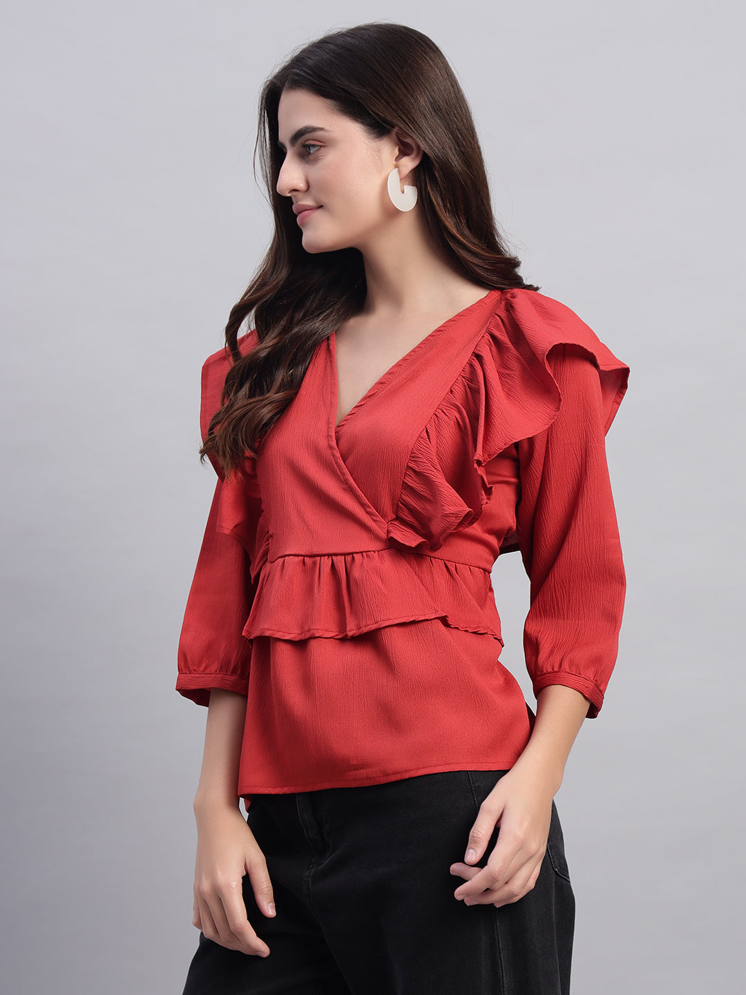 Women V-neck Frill Peplum Top