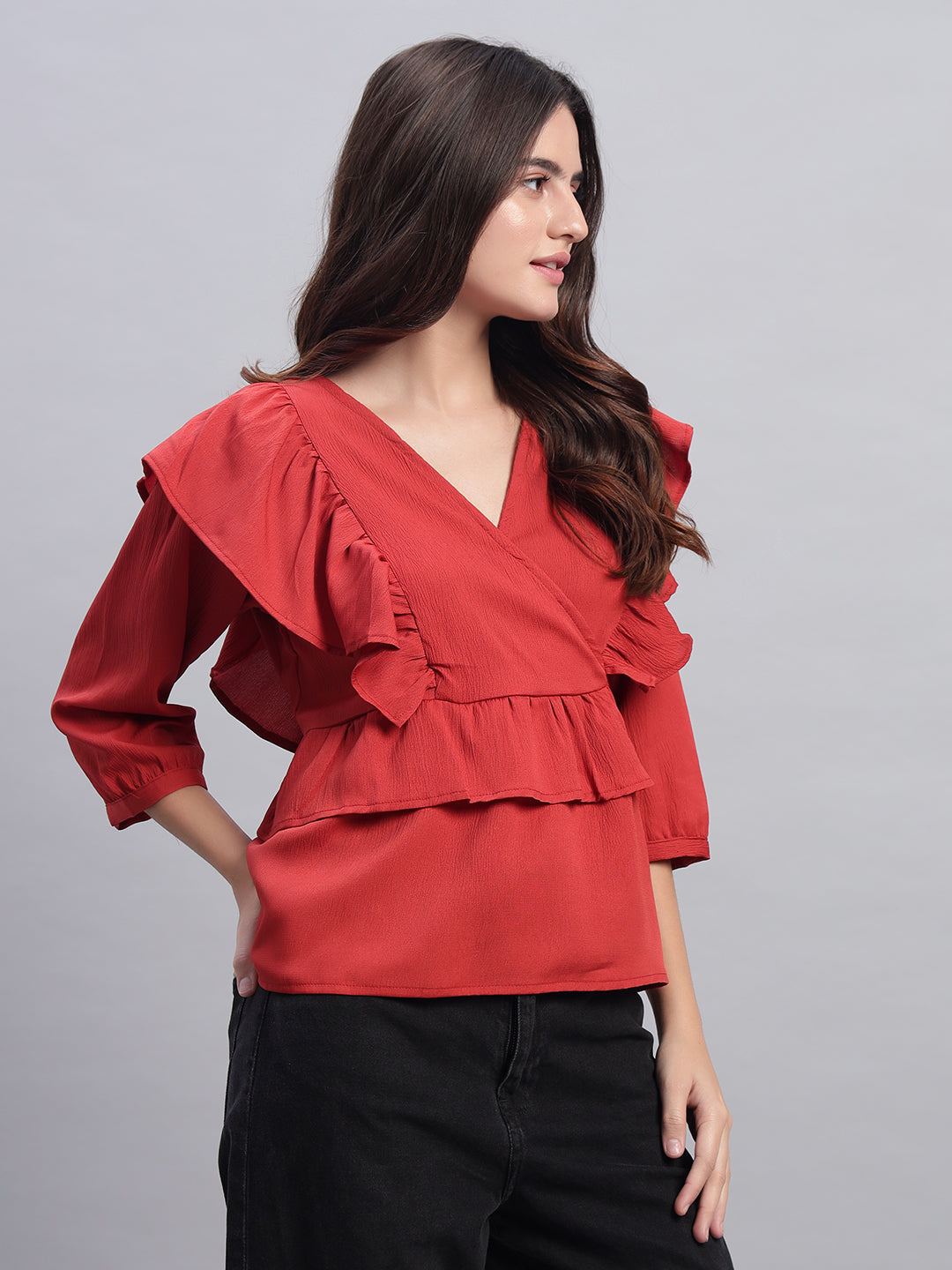 Women V-neck Frill Peplum Top