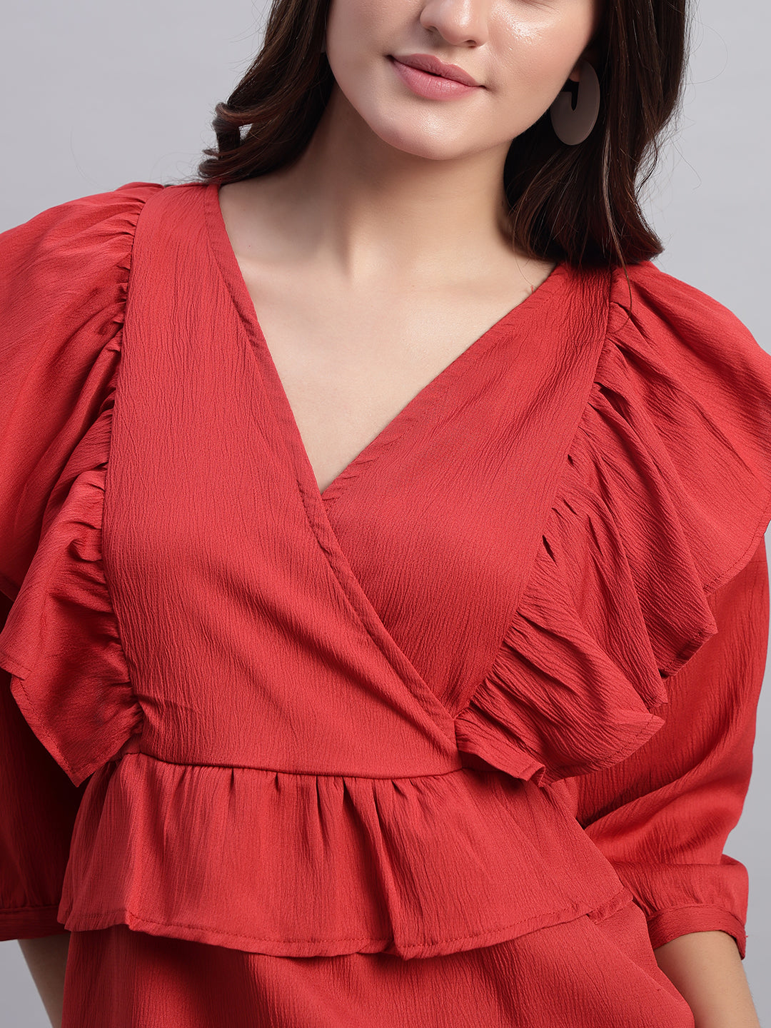 Women V-neck Frill Peplum Top