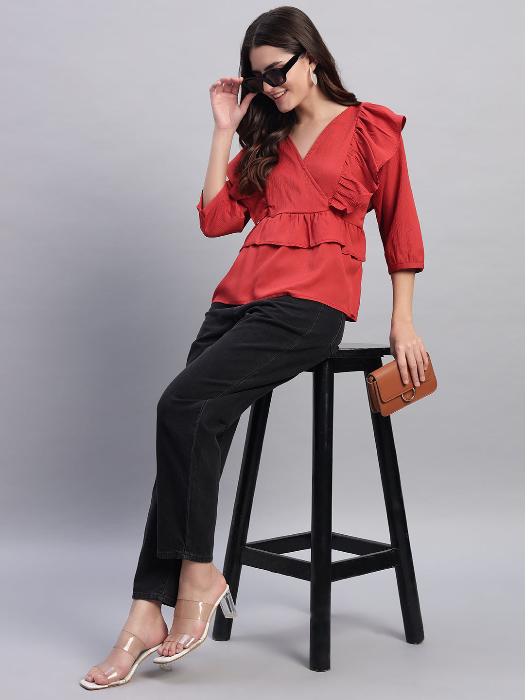 Women V-neck Frill Peplum Top