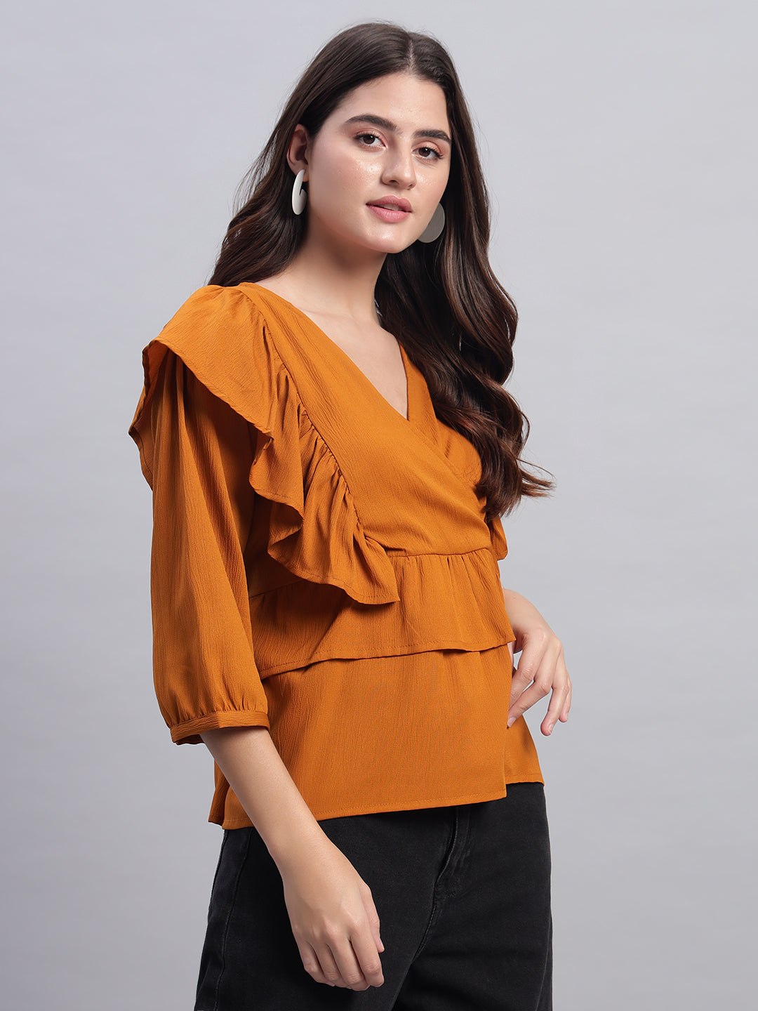 Women V-neck Frill Peplum Top