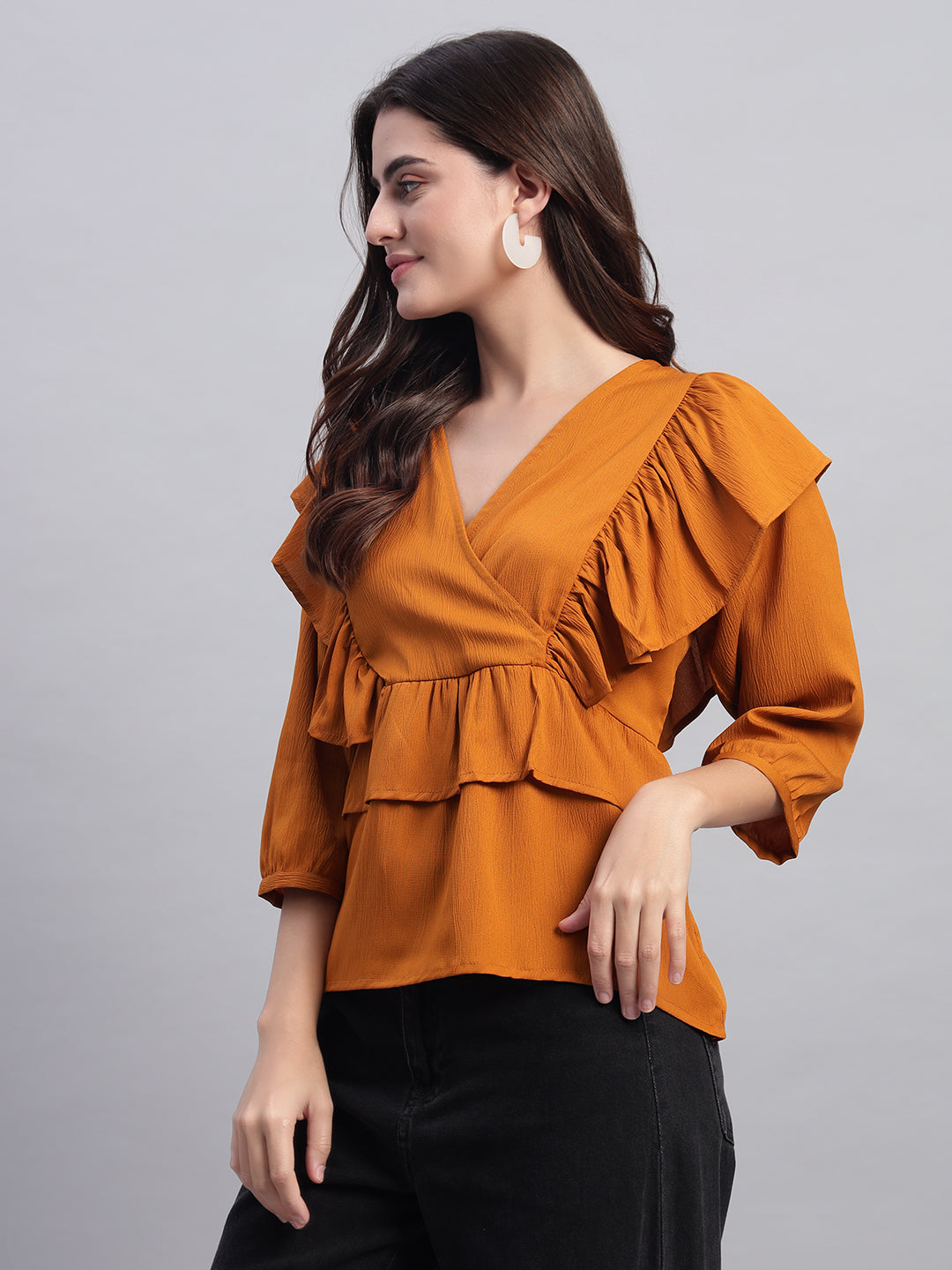 Women V-neck Frill Peplum Top