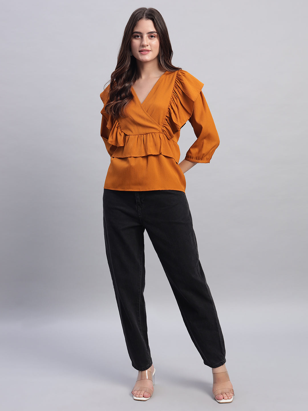 Women V-neck Frill Peplum Top