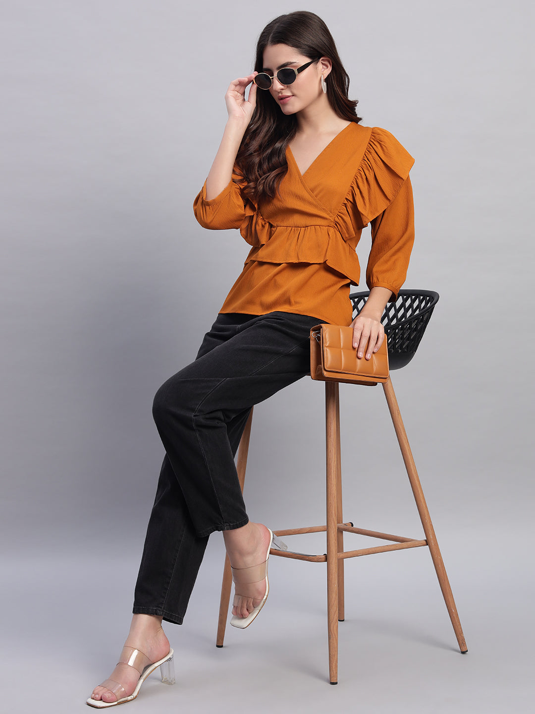 Women V-neck Frill Peplum Top