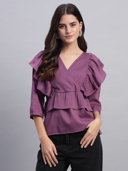 Women V-neck Frill Peplum Top