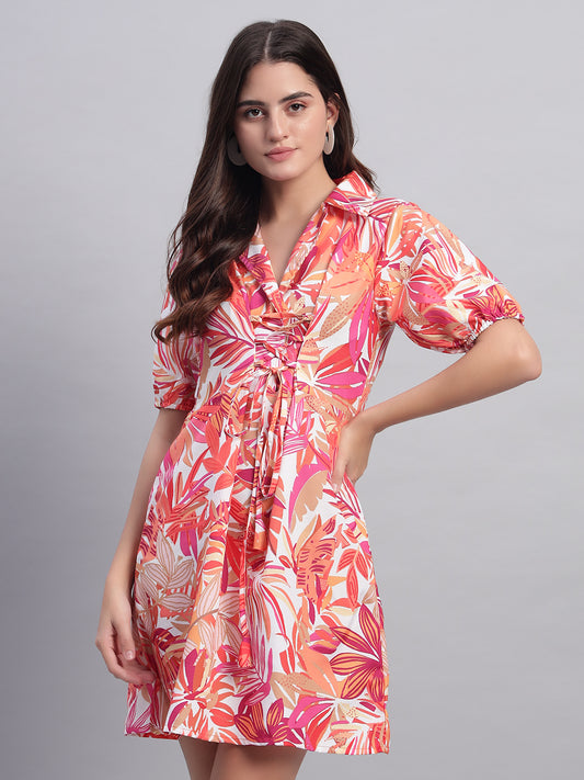Women Orange Floral A-line Mini Dress