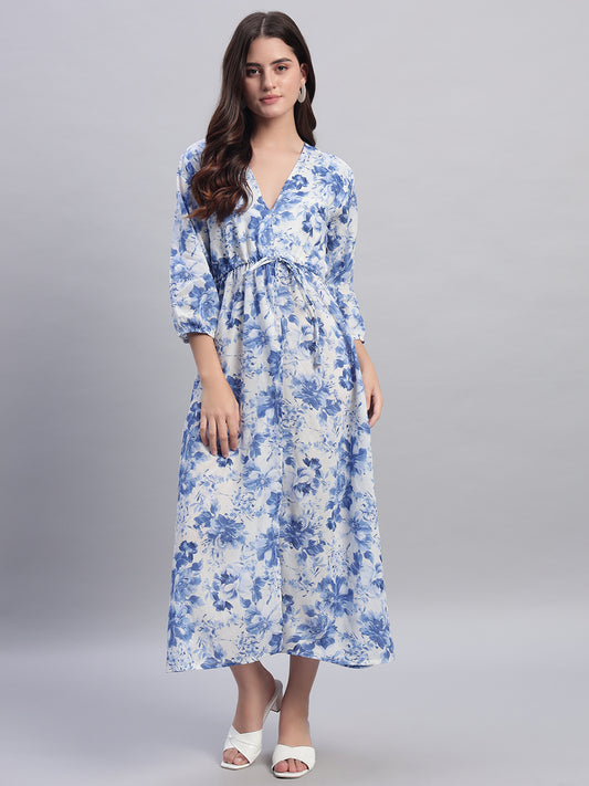 Women Blue Floral Tied Slit Dress