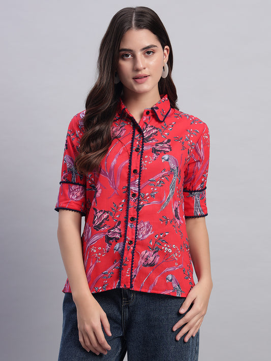 Women Red Floral Collar Shirt