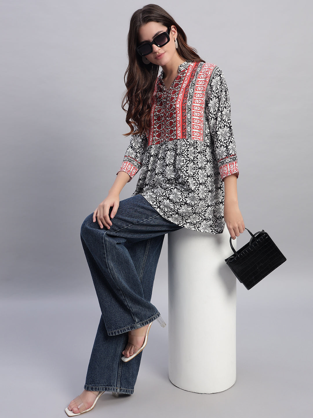 Women Black & White Split Neck Peplum Short Kurti